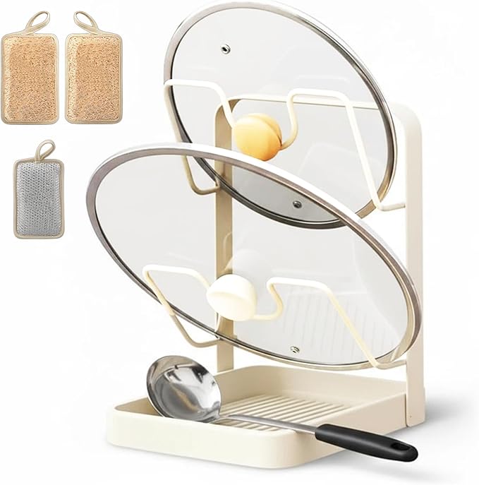 Kitchen Pot Lid Storage Rack, Carbon Steel Pan Lid Organizer Holder with Spoon Rest for Countertop Cooking Storage (Cream - Double Layer)