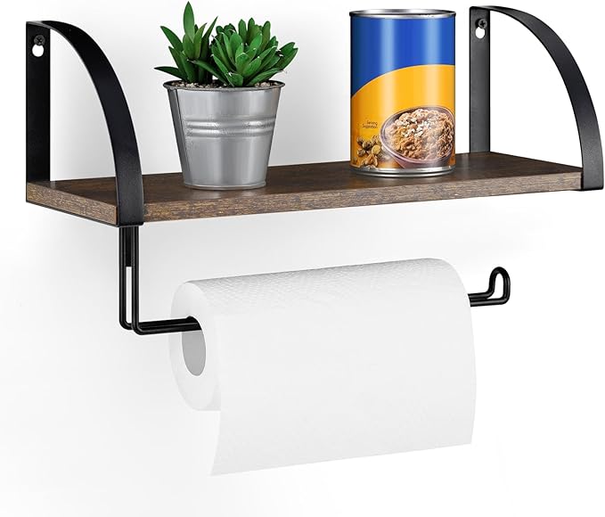 BTY Paper Towel Holder with Shelf, Vintage Farmhouse Wall Mounted Paper Towel Holder Under Cabinet Spice Rack for Kitchen, Bathroom Toilet Paper Dispenser Rustic Brown