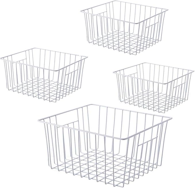Y.Z.Bros Freezer Wire Baskets, Kitchen Storage Organizer Bins for Chest and Upright Freezer, Refrigerator Dividers Containers with Handles - Pearl White (4)