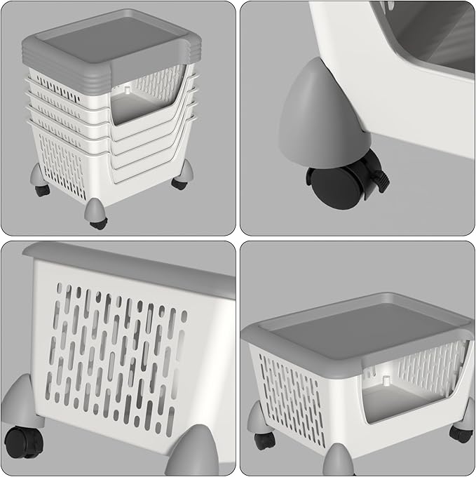 Plastic Open Stacking Storage Bins, 5 Tiers Large Kitchen Stackable Organizer Baskets with Wheels, Grey