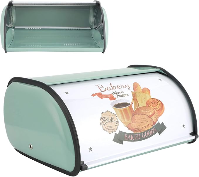 Roll Top Bread Box for Kitchen Counter - Metal Bin Retro Food Storage Container, 13"x9.4"x5.9" (Green)