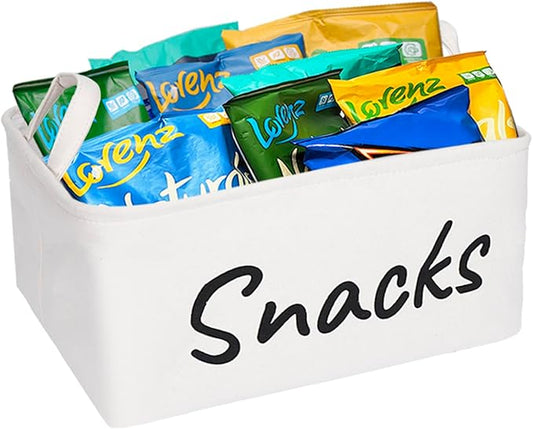 Snack Bin for Pantry - Snack Storage Basket Organizer for Storing Chips, Cookies, Pretzels, Popcorn and more - Kitchen Organization (White 1pcs)