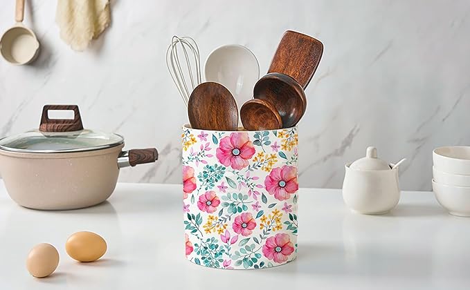 Kitchen Utensil Holder,7.2-inch Extra Large Sturdy Ceramic Garden Floral Pattern Utensil Crock,Cooking Utensil Organizer for Kitchen Counter Decor,Storage Caddy Farmhouse Gift Purple Flowers