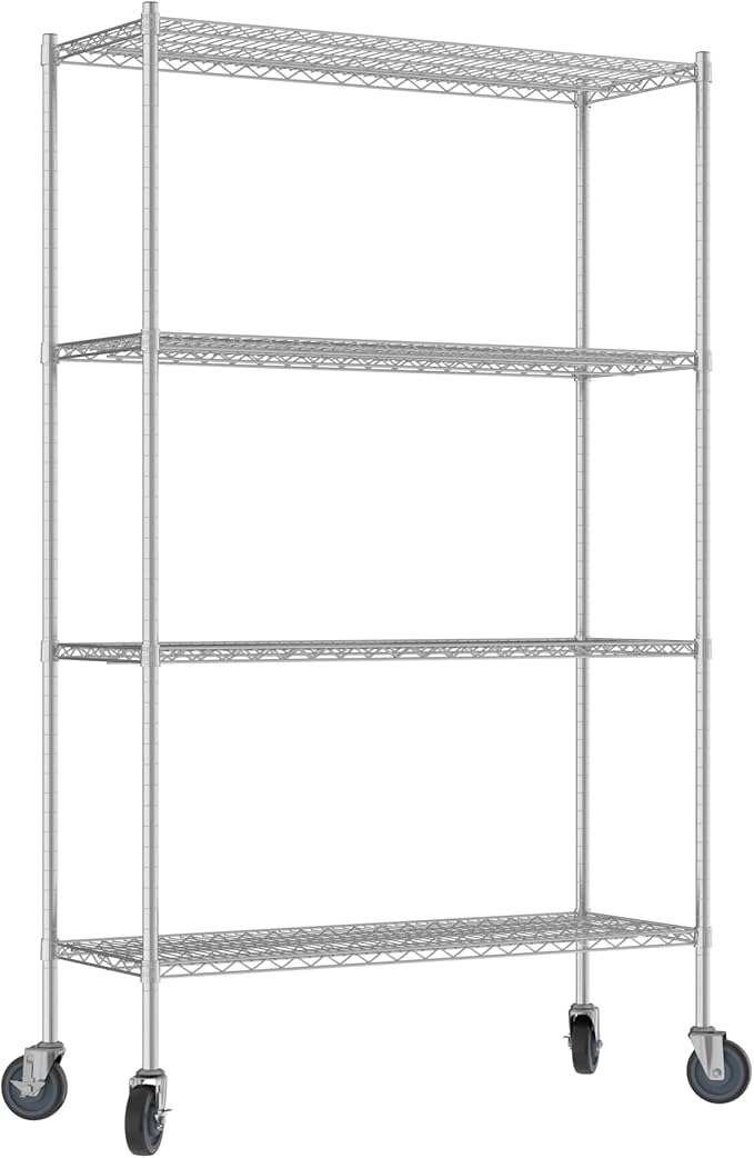 Commercial NSF Listed Chrome Mobile Wire Shelving Kit 18" x 48" x 80", with 4 Shelves Perfect for Warehouse, Walk-in Refrigerator, Freezer, Grocery Store, Restaurant, Dishroom