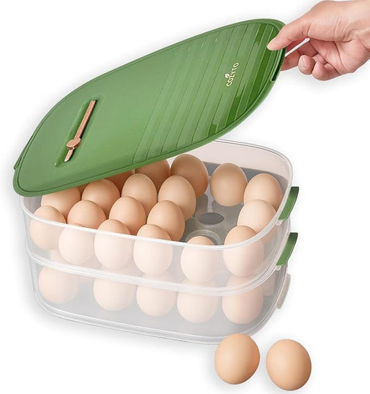 COZYTO Premium EggNest 2-Layer Egg Holder for Refrigerator – Stackable Egg Storage Tray with Sliding Date Dial Lid | Holds 44 Eggs | BPA-Free, Durable & Space-Saving (Green Lid & Transparent Box)