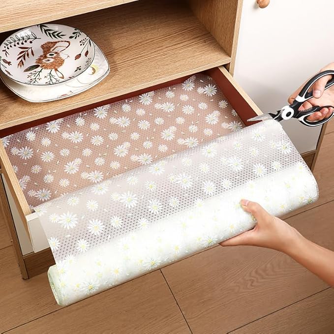 Daisy Flower Shelf Liner for Kitchen Cabinets, Non-Adhesive Drawer Liners, Non-Slip Refrigerator Mat, Washable EVA Cabinet Liner for Pantry, Fridge, Closet, Cupboard
