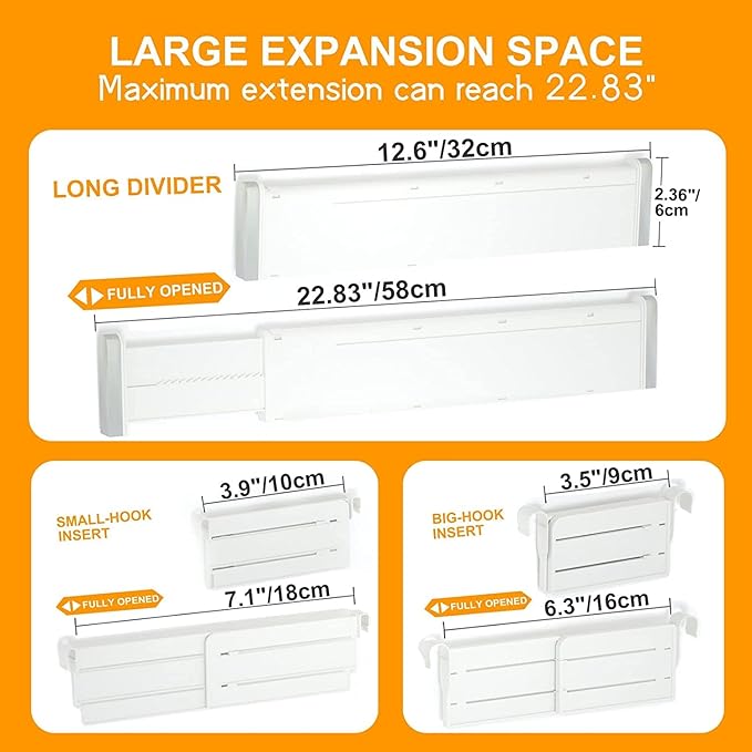 HiYZ Expandable Drawer Dividers with Inserts, Large Kitchen Utensils Drawers Divider, 2.36" High Adjustable Drawer Organizers Separators for Clothing,Kitchen Utensils,Tools,8 Dividers with 16 Inserts