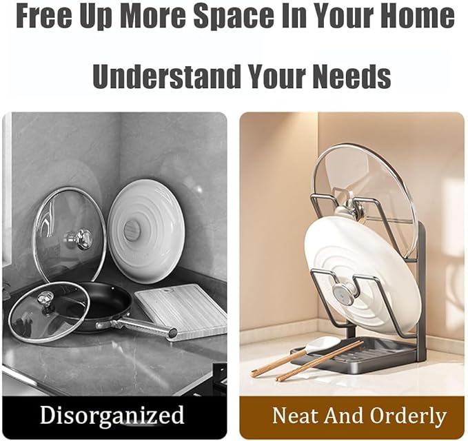 Kitchen Pot Lid Storage Rack, Pot Lid Holder with Drip Tray, Multifunctional Kitchen Organizer Stand with Removable Drip Tray, for Counter Stove Top Accessories (Begie,Single-layer)