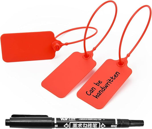 50pcs Luggage Tags Plastic Seals Shipping Label Logistics Sign Tie Bag Tag, Sealing Storage Multi Purpose Name ID Tag with Marker for Suitcases, Backpack, Schoolbag, Car Key (Red)
