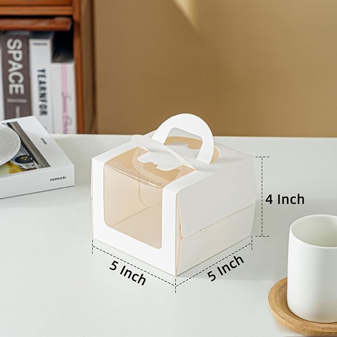 25 Pcs 5x5x4 Inch White Cake Boxes with Handle & Boards, Easy Carrying Paper Cake Containers, Cake Holder Window Carriers for Birthday Christmas Birthday Wedding, Party, Gift