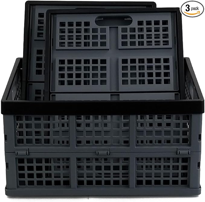 Hommp 3-Pack 34 L Plastic Collapsible Storage Crates, Large Stackable Folding Storage Crates