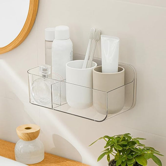 Poeland Wall Mount Storage Organizer, Clear Storage Box Holder Basket with 3 Compartments No Drilling Hang Walls/Doors for Kitchen, Cabinet, Bathroom, Bedroom, Office