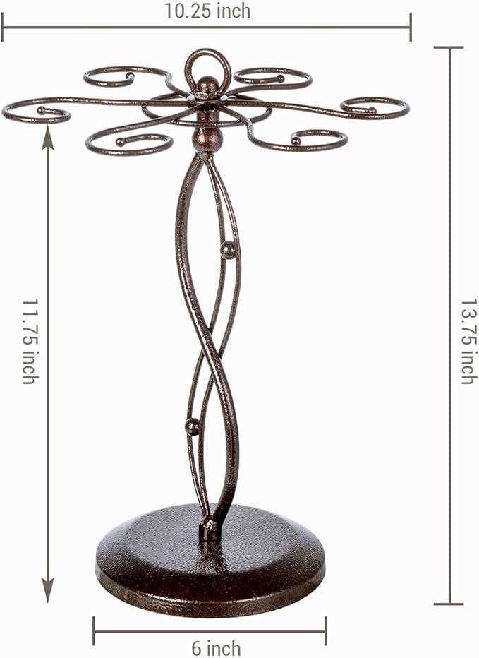 MyGift Bronze Metal Countertop Wine Glass Holder with Scrollwork Design, Freestanding Tabletop Stemware Storage Rack with 6 Hooks