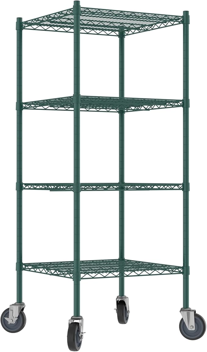 Commercial NSF Listed Green Epoxy Mobile Wire Shelving Kit 24" x 24" x 60", with 4 Shelves Perfect for Warehouse, Walk-in Refrigerator, Freezer, Grocery Store, Restaurant, Dishroom
