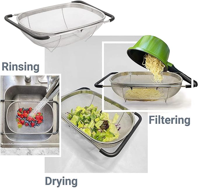 Over Sink Colander Fine Mesh Stainless Steel Strainer Basket with Handle for Kitchen Sink S...