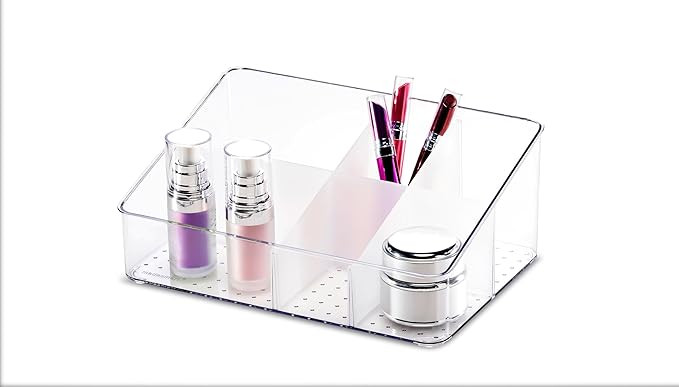 madesmart Angle Bin with Clear Lid, Tilt-Open Organizer for Makeup, Lotions, Cologne & Bathroom Essentials, Stackable Countertop or Cabinet Storage, White