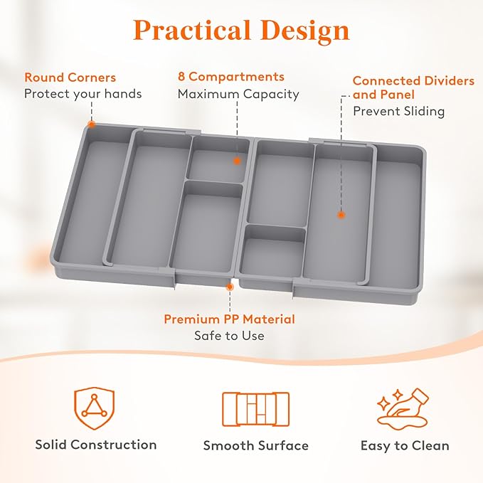 Lifewit Expandable Utensil Organizer for Kitchen Drawer, Adjustable Cooking Silverware Tray, Plastic Cutlery Flatware Holder, Spatula Tools Gadgets Storage Divider, 53-91 x 43cm, Plastic, Gray