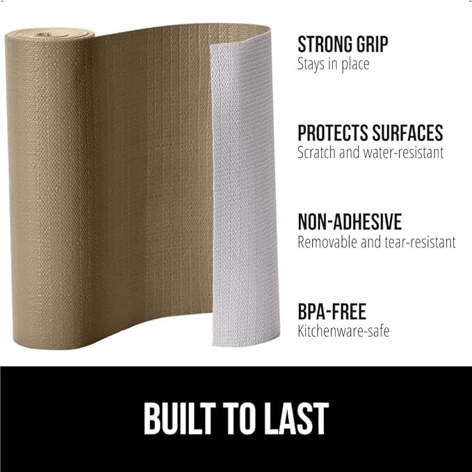 GORILLA GRIP DripGuard Shelf Liner, Non Adhesive Drawer and Kitchen Cabinet Protector, 20x240 Inch, Slip Resistant BPA Free Smooth Surface Plastic Liners for Cabinets, Bathrooms, Closets, Beige