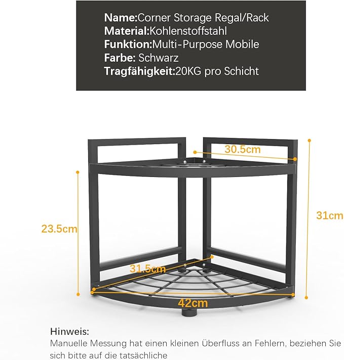 HUIJIN RA01 90° Corner Shelf for Kitchen - Space-Saving Spice Rack, Pot & Pan Organizer, Under Sink Storage - Sturdy Iron Tiered Shelves-2 Tier