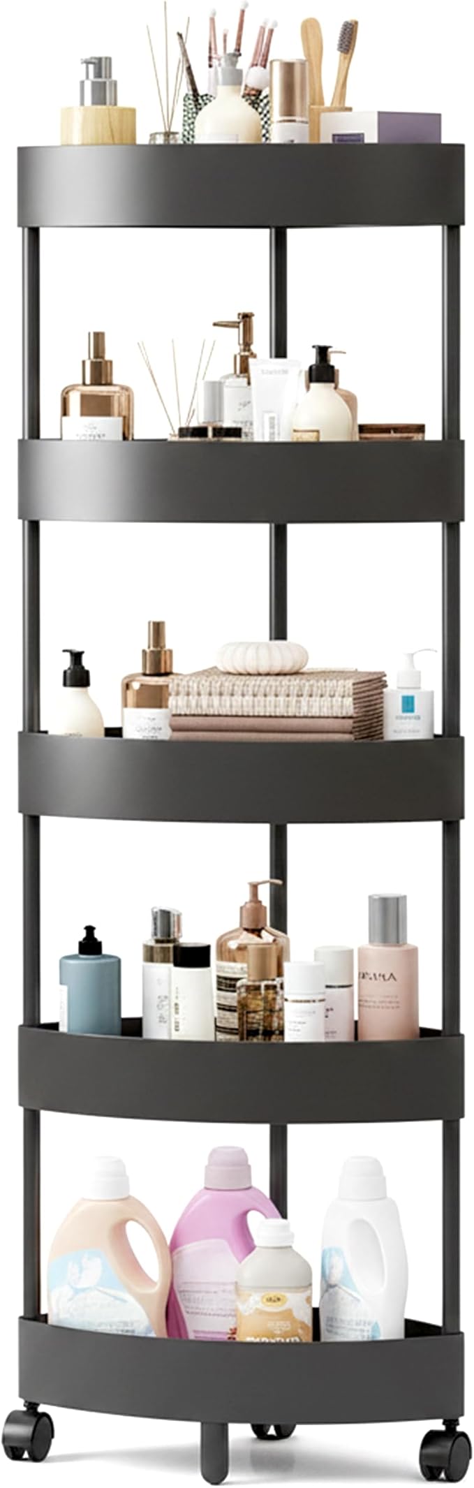 Durable 5-Tier Corner Storage Shelf with Wheels – Triangle Rolling Rack for Bathroom Organizers and Storage – Space-Saving Black Plastic