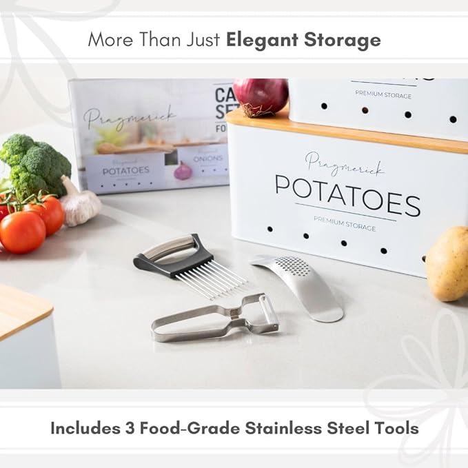 Potato and Onion Storage Bin with Garlic Canister + 3 Stainless Steel Gadgets - Garlic Press, Onion Holder, Vegetable Peeler, Kitchen Vegetable Storage Tin