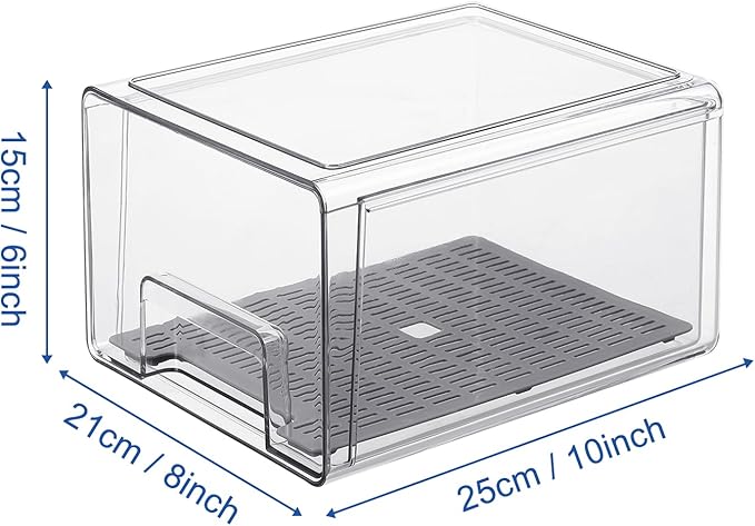 Bronkeeper Pull Out Clear Fridge Organizer Drawers with Drainer, Refrigerator Stackable Storage Bins for Kitchen Fruit & Veggie Organization (2PCS, Large)