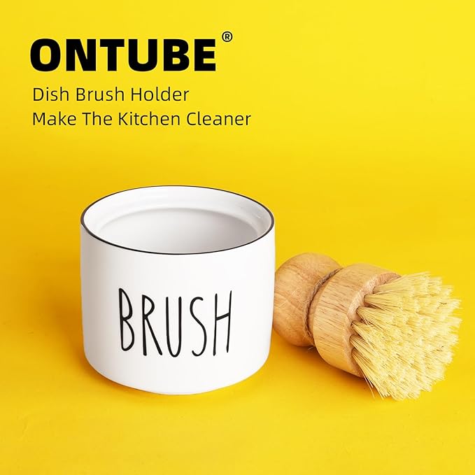 ONTUBE Ceramic Dish Brush Holder, Farmhouse Scrub Brush Holder Dishwashing Brush Stand, Soap Dispensing Kitchen Brushes Holder (White)
