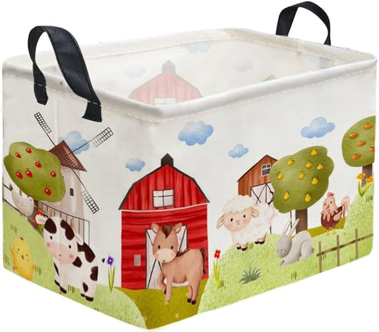 Rectangular Kids Baskets,Farm Baskets for Kids .Waterproof PE Coating Cute Basket with Handles.Boys Bins,Gifts Box,Books Basket. (Farm)