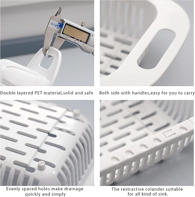 MineSign Extendable Over the Sink Colander Fruits and Vegetables Drain Basket Adjustable Strainer Sink Washing Basket for Kitchen (White)