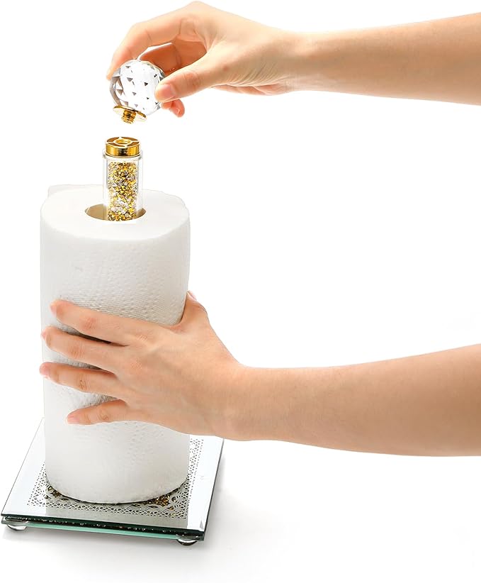 Suwimut Paper Towel Holder, Gold Paper Towel Roll Dispenser Stand Weighted Base Non Slip Filled with Sparkly Crystal Crushed Diamond House Decor for Home Kitchen Countertop Tabletop