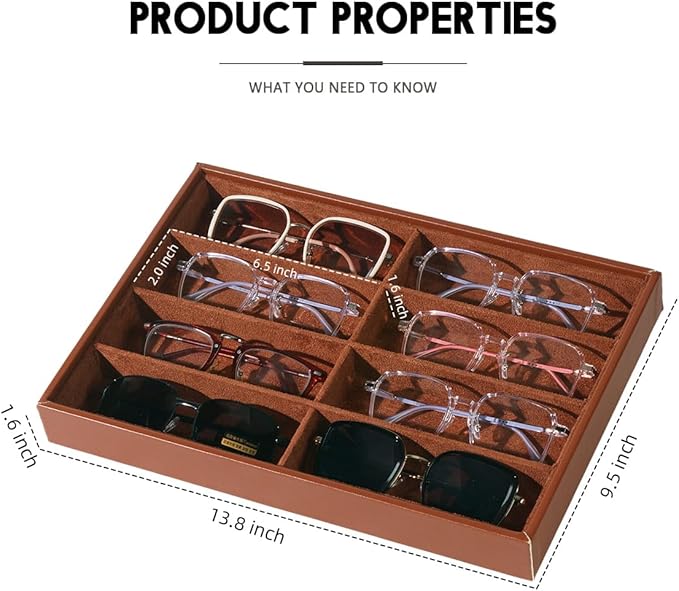 Glasses Holder Box Drawer Sunglass Organizer for Men Clear Wide Storage Case 8 Slots Multiple Reading Glasses Display, Brown Leather