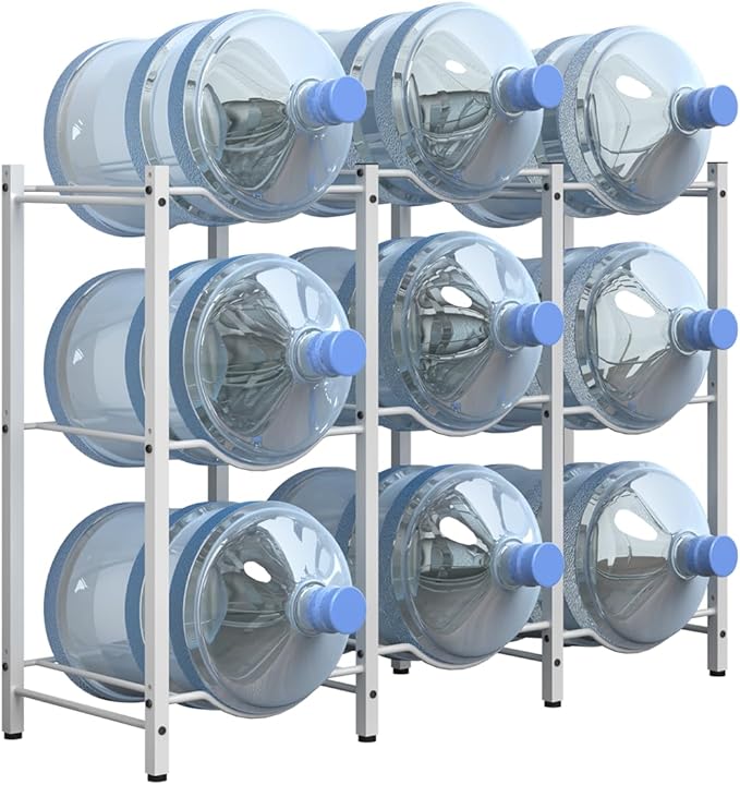 Mocomax 5 Gallon Water Jug Rack - 3 Tier Heavy Duty Cooler Rack, Detachable Bottle Holder for 9 Bottles, Organizer for Kitchen, Office, Living Room, White