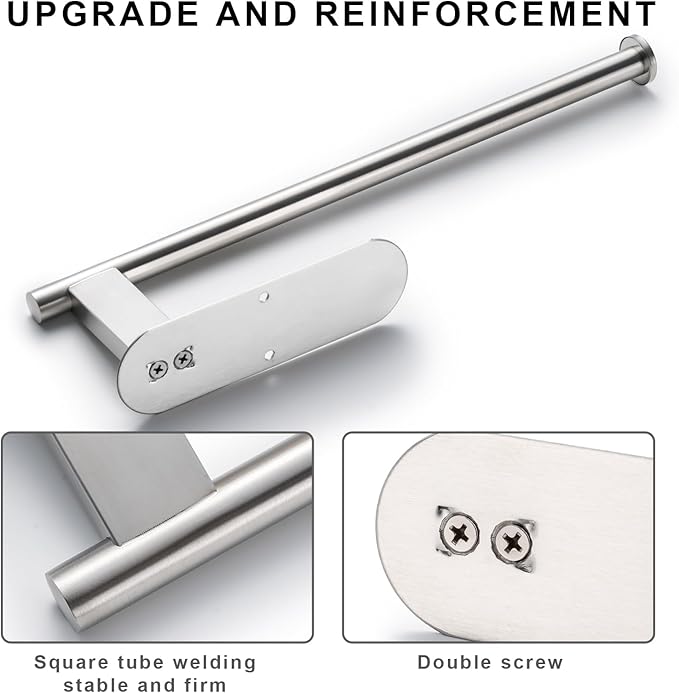 Paper Towel Holder, Upgrade SUS304 Stainless Steel Paper Towel Holder Under Cabinet, Bend-Resistant, Self-Adhesive or Drill mounting (2 Silver)