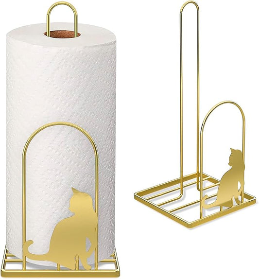 Paper Towel Holder for Countertop, Kitchen Paper Towel Stand with Cat Pattern Decoration，Fit Standard Jumbo Roll in Dining Table or Bathroom, Toilet Paper Dispenser with Heavy Duty Base (Gold)