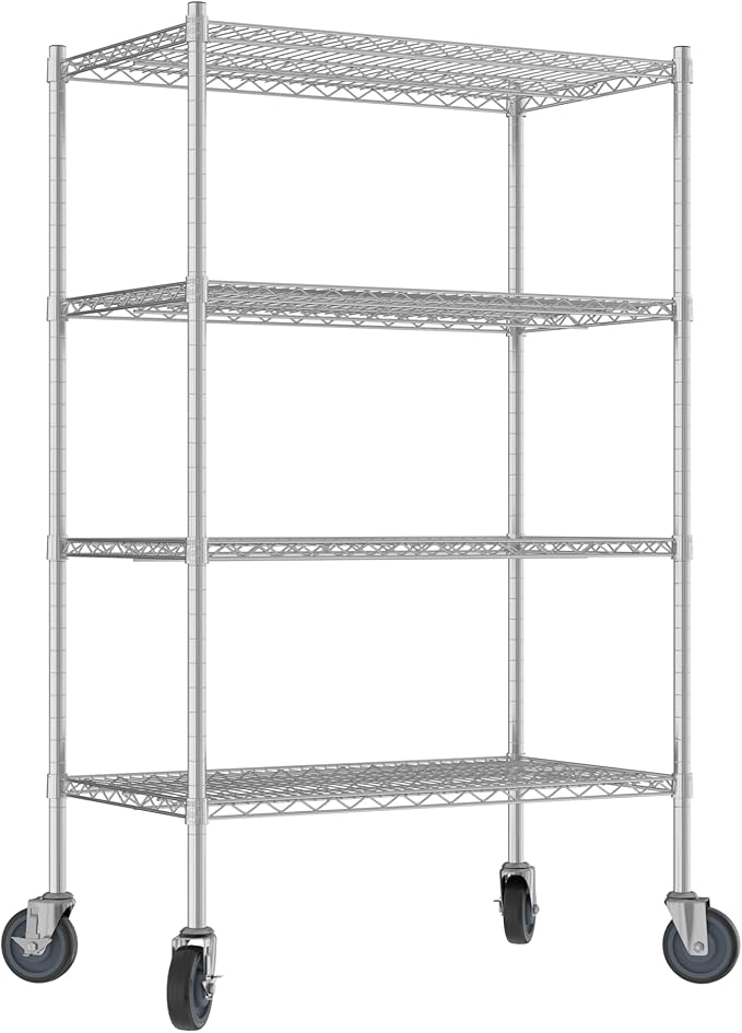 Commercial NSF Listed Chrome Mobile Wire Shelving Kit 21" x 36" x 60", with 4 Shelves Perfect for Warehouse, Walk-in Refrigerator, Freezer, Grocery Store, Restaurant, Dishroom