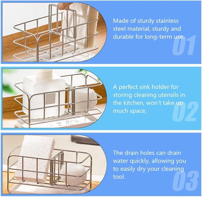Kitchen Sink Caddy Sponge Holder: Metal Sink Drying Rack Stainless Steel Counter Draining Shelf Organizer for Sponge Brush Soap Dishcloth