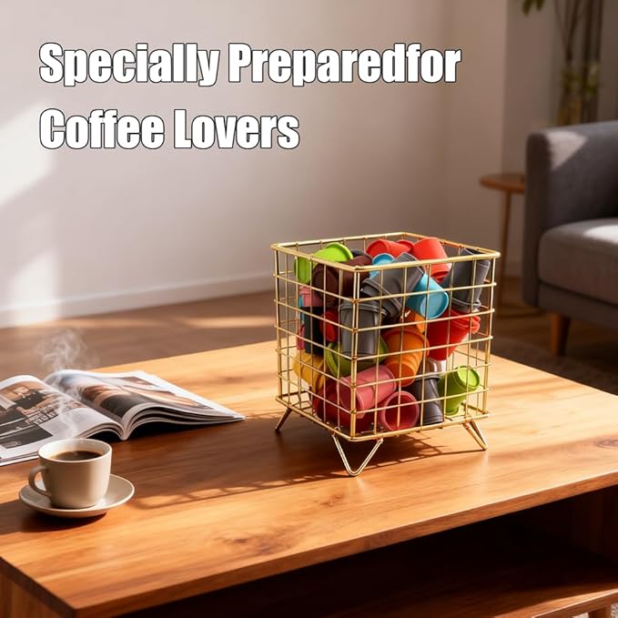 K Cup Holder Organizer, Large Capacity Metal Storage Basket for Coffee Pods, Coffee Bar and Kitchen Countertop Organizer, Desktop Office Accessories in Gold Finish