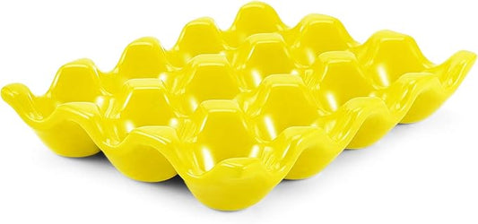 Flexzion Yellow Ceramic Egg Tray - Dozen Egg Cup Holders, Elegant Design, Microwave and Dishwasher Safe