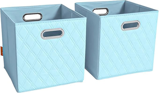 FH Group JIAessentials 11" Faux Leather Foldable Storage Cube Bins Set of 2 – Blue Diamond Patterned Organizers with Handles for Closet & Shelves