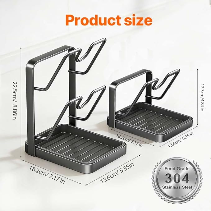 Kitchen Pot Lid Storage Rack, Stainless Steel Pot Lid Holder While Cooking with Removable Drip Tray, Pot Lid Organizer Rack for Countertop, Kitchen Pot Lid Holder & Utensil Rest (Begie, Single-layer)
