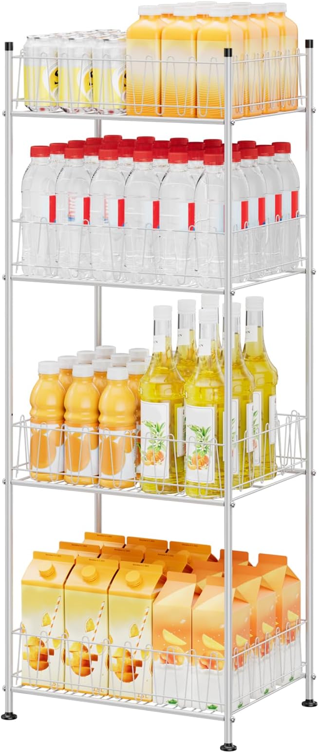 ETELI Water Bottle Holder Organizer 4 Tier Drink Can Shelf Organizer Rack for Floor Freestanding Water Bottle Rack Stand Beverage Storage Shelf for Pantry Kitchen Food Storage, Silver