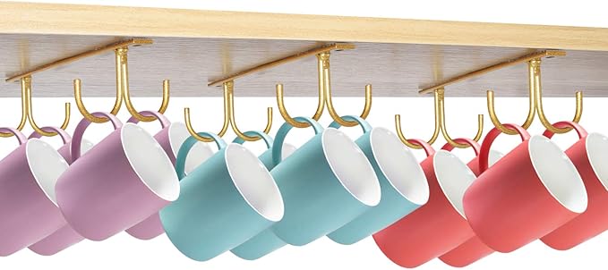 MOCOUM Under Cabinet Mug Rack, Rustic Mug Organizer Rack Cup Holder Under Shelf 12 Hanging Hooks Rack for Mugs, Coffee Cups and Kitchen Utensils Display (Glod-3 Pack-12 Hooks)