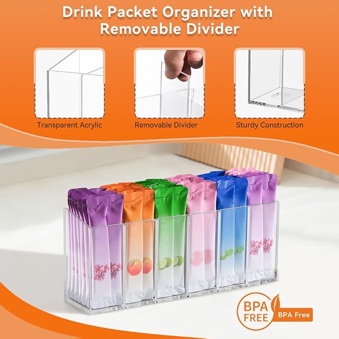 Drink Packet Organizer,Water Drink Packet Holder with Removable Divider,6 Compartment Water Flavor Packet Storage with Soft Magnetic&Adhesive Sticker for Kitchen Pantry Cabinet Fridge