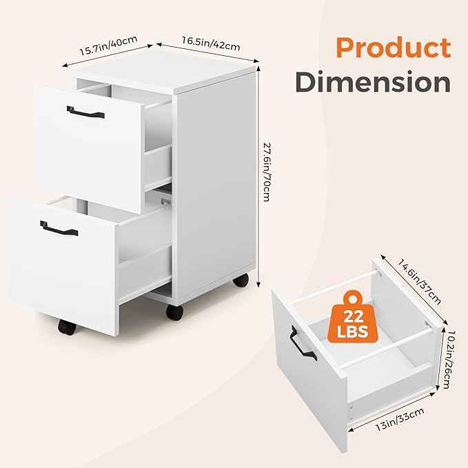Sweetcrispy 2 Drawer Filing Cabinet White, Rolling Wood File Cabinets with Printer Stand Under Desk Storage Lockable Wheels, Home Office Organizer for A4 Letter Legal Size Documents
