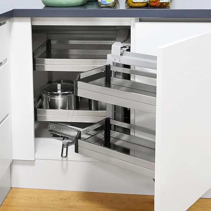 4-Shelf Corner Cabinet Pull Out Organizer, 2 Tier Slide Out Kitchen Cabinet Organizer Blind Corner Cabinet Storage Shelf Chrome for Right Handed Open Kitchen Cabinet