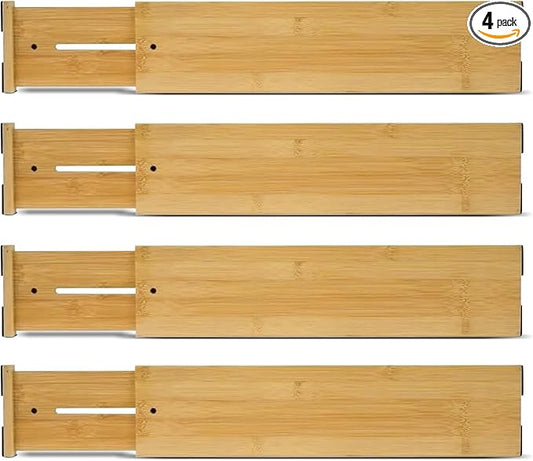4"" High Drawer Dividers Bamboo Organization Expandable Organizers for Kitchen Bedroom Bathroom Dresser Office 4-pack, natural