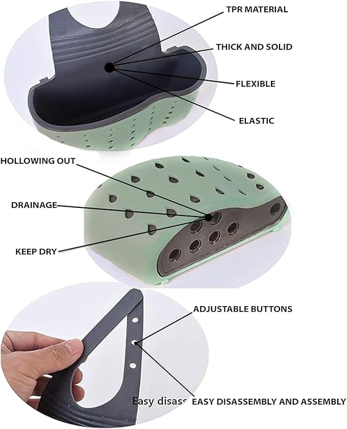 Kitchen Sink Caddy - Silicone Plastic Soap Sponge Holder - BPA-free Rack - Faucet Caddy with Drain Holes for Drying - Adjustable Hanging Strap (Green)