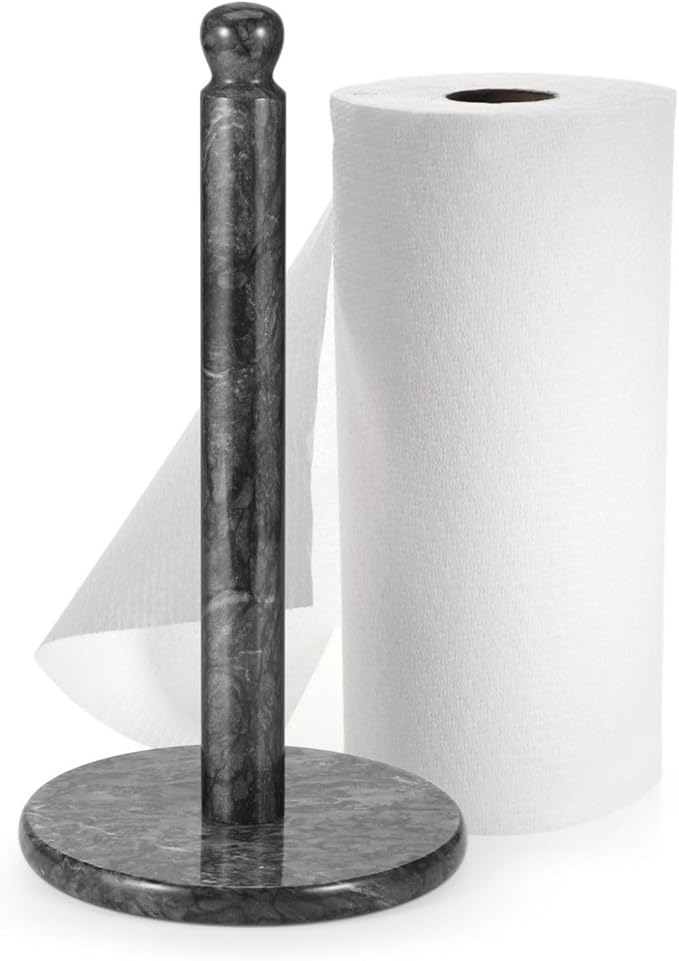 Flexzion Marble Paper Towel Holder 12 inch (Black) - Kitchen Countertop Paper Towel Holder Stand Rack with Roll Dispenser Pole and Weighted Marble Base for Tables Home Dining Bathroom Storage