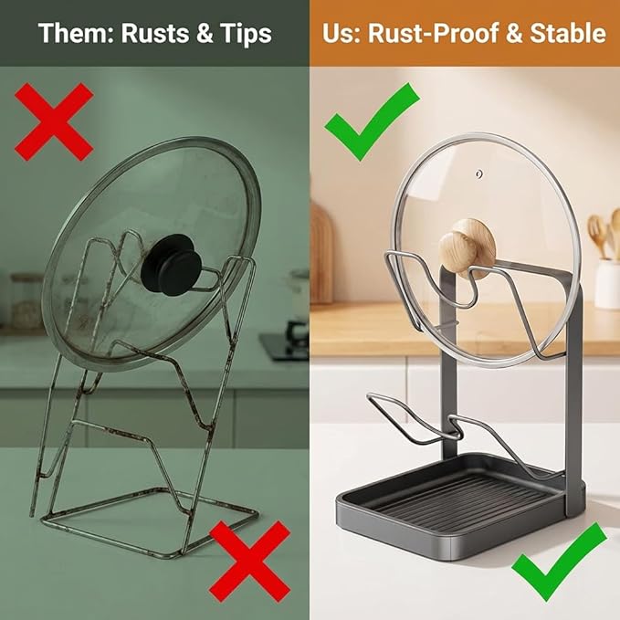 Pot Lid Organizer And Spoon Rest For Countertop, Heavy Duty Metal Pan Cover Holder Stand With Drip Tray, Vertical Kitchen Rack For Cooking Utensils, Ladle & Cutting Board Storage (1 Pack)