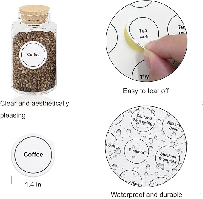 Spice Labels, 432Pcs Spice Labels Stickers 1.4in Waterproof Adhesive Round Preprinted Spice with Blank Label Black Tear Resistant Sticker for Kitchen Jars Caps Food Containers Organizers (White)